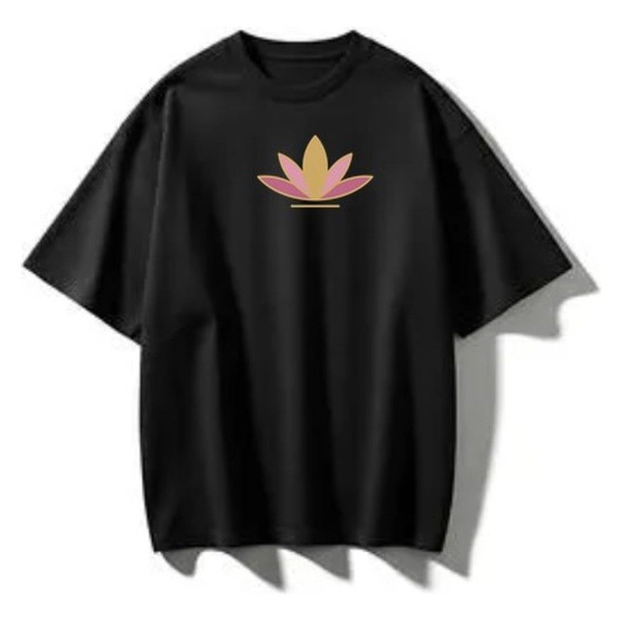 Black oversized T-shirt mockup with the gold and pink lotus design on the chest