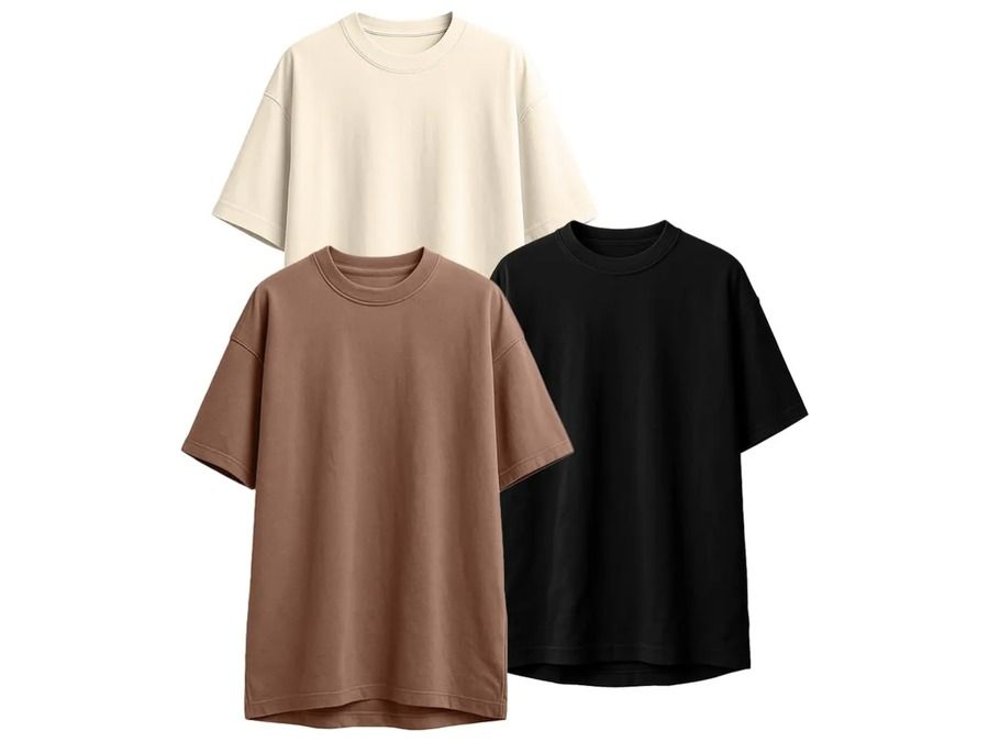 Apparel collection: Three plain oversized cotton T-shirts in ivory, mocha brown and black, ready for custom printing or embroidery